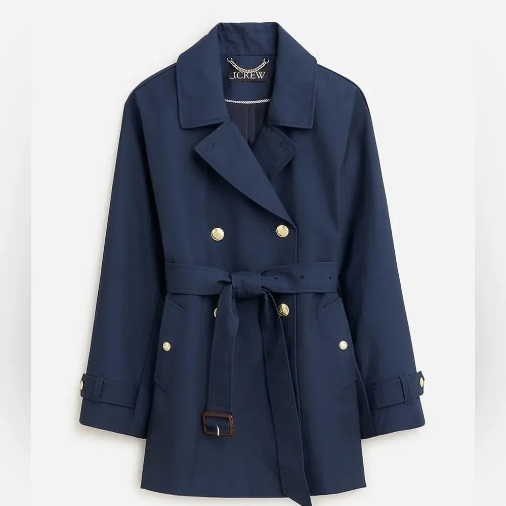J.Crew Navy Trench Coat Water Repellent Cotton Belted NWT Sz L - Picture 1 of 12